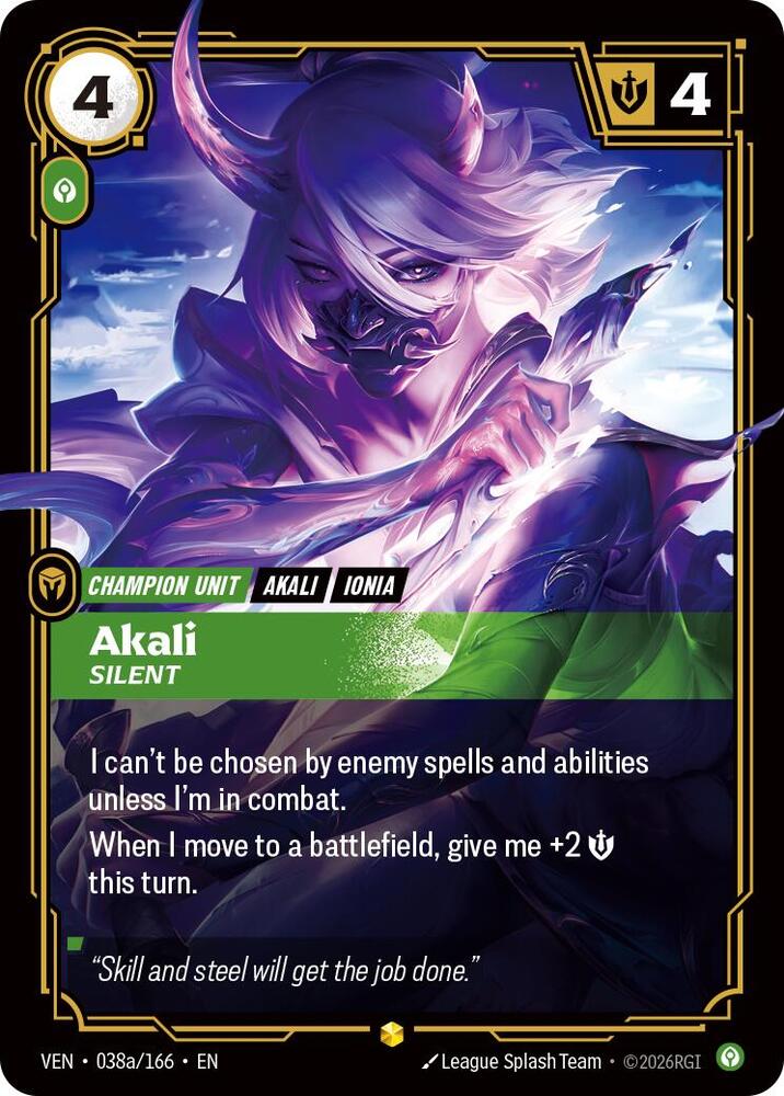 Akali, Silent (Alternate Art) #038a/166 - Vendetta - Near Mint